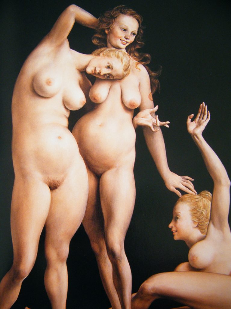 Figurative painting of three nude women standing together, with exaggerated proportions, smooth skin tones, and an artificial, glossy realism.Select 81 more words to run Humanizer.