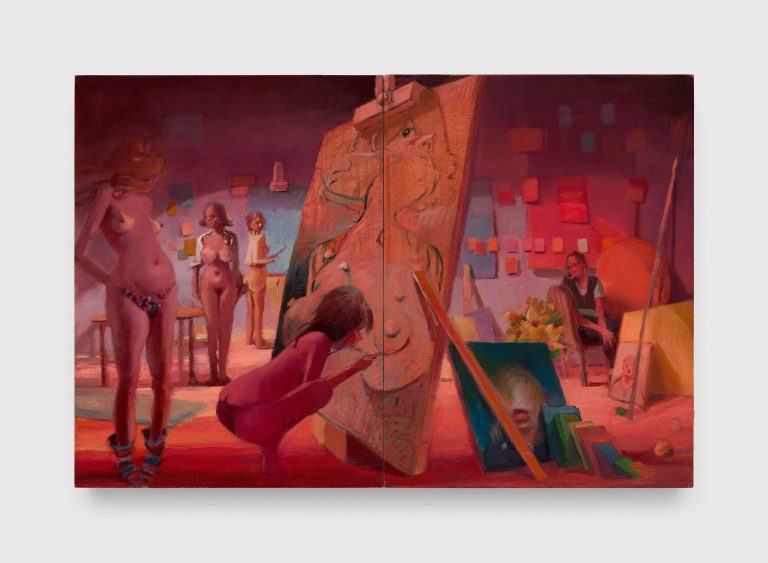 Figurative painting of multiple nude female figures with exposed breasts and pubic areas, rendered in exaggerated proportions, saturated color palette, and stylized, surreal composition.