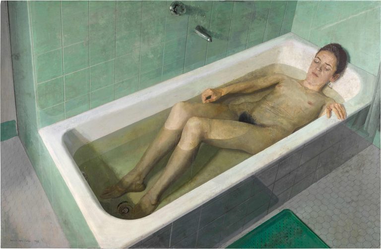 Realistic depiction of a nude woman seated in a bathtub, with exposed breasts and pubic area, rendered in muted tones and meticulous, intimate detail.