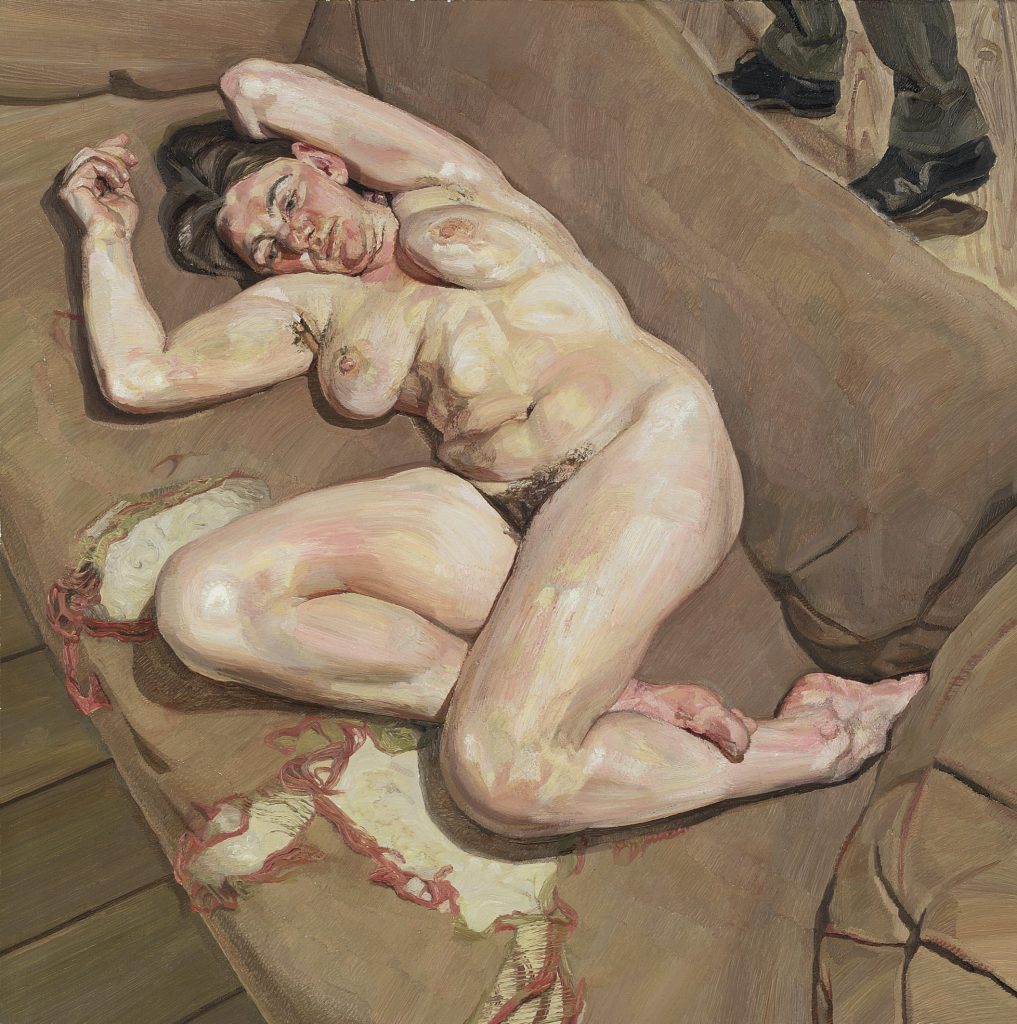 Realistic nude figure seated with a mirror reflection, detailed skin textures and muted, earthy tones