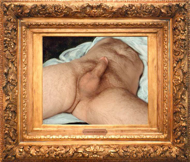 An interpretation of the famous 1866 painting by Gustave Courbet, “L'origine du monde,” Orlan's 1989 version shows a man with his legs spread and an erection