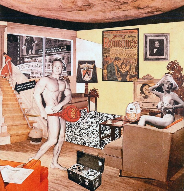 Collage-style interior scene mixing a bodybuilder, consumer objects, and domestic imagery in a pop-art composition.