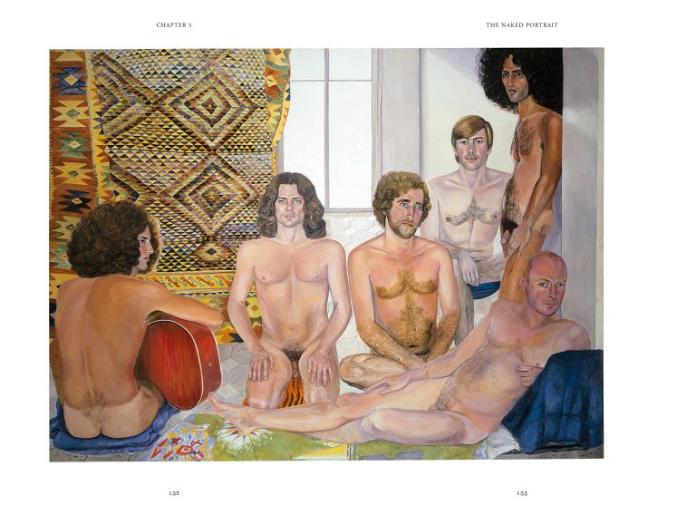Figurative painting of several nude men reclining and standing together in an interior setting, with fully exposed male genitals, rendered in a soft, realistic style.