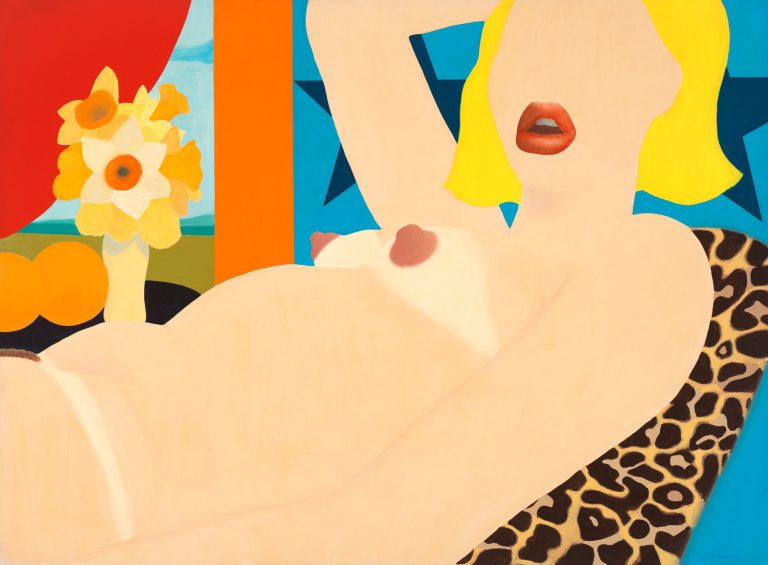 Flat, colorful pop-art nude figure with simplified shapes, bold outlines, and domestic symbolic objects