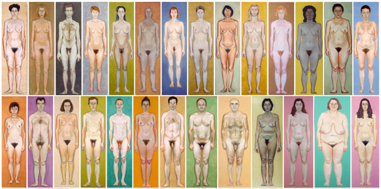 Series of expressive figurative paintings of nude bodies with exposed genitals and breasts, rendered in rough brushwork, fragmented forms, and intense, layered color.