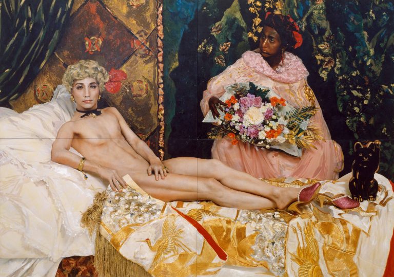 Staged photographic self-portrait of the artist as a nude female figure, referencing classical Western portraiture with theatrical pose and constructed identity.Select 71 more words to run Humanizer.