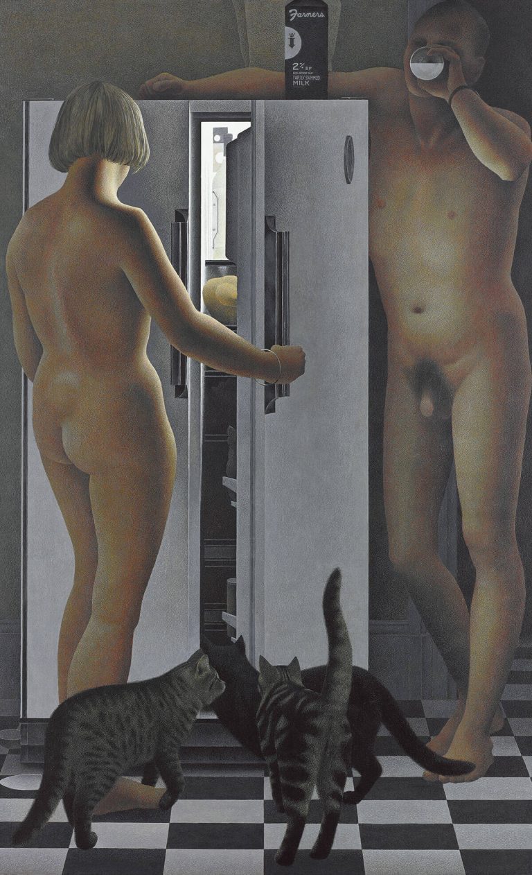 realistic, tightly composed scene featuring two figures and a refrigerator in a tense, minimalist interior