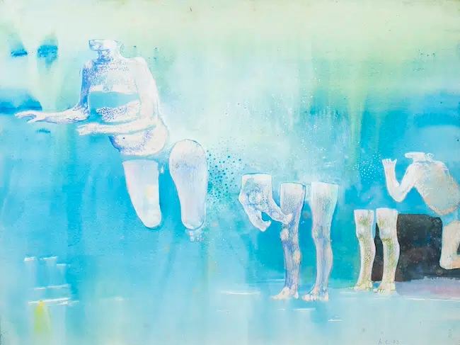 Surreal figurative scene of nude bodies partially submerged, rendered with smooth forms and muted, dreamlike tones