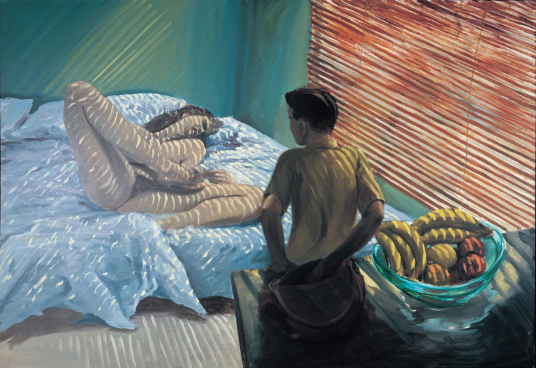 An adolescent boy in a sun-striated room gazes at a naked woman, splayed out on a rumpled bed, and simultaneously steals from her purse
